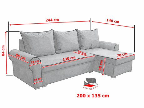 UNIVERSAL CORNER SOFA BED LORD 244cm 2X STORAGE SPACE CHOICE OF COLORS / FOAMTHIS MODEL IS UNIVERSAL WHICH MEANS YOU CAN CHOOSE CORNER SIDE DURING ASSEMBLY3x PILLOWS INCLUDED2X STORAGE SPACEMADE IN MANILA FABRIC CLICK HERE2X STORAGE SPACEManila are charac