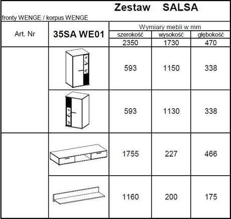 TV WALL UNIT SALSA SET WITH SIDEBOARD SONOMAFlat packed for self-assembly with a clear and easy instructions. Modern design makes it suitable for any interior.CUPBOARD: Dimensions: width 140 cm height 80 cm depth. 40 cm EXTRAS FOR BOTH WALL UNIT AND SIDEB