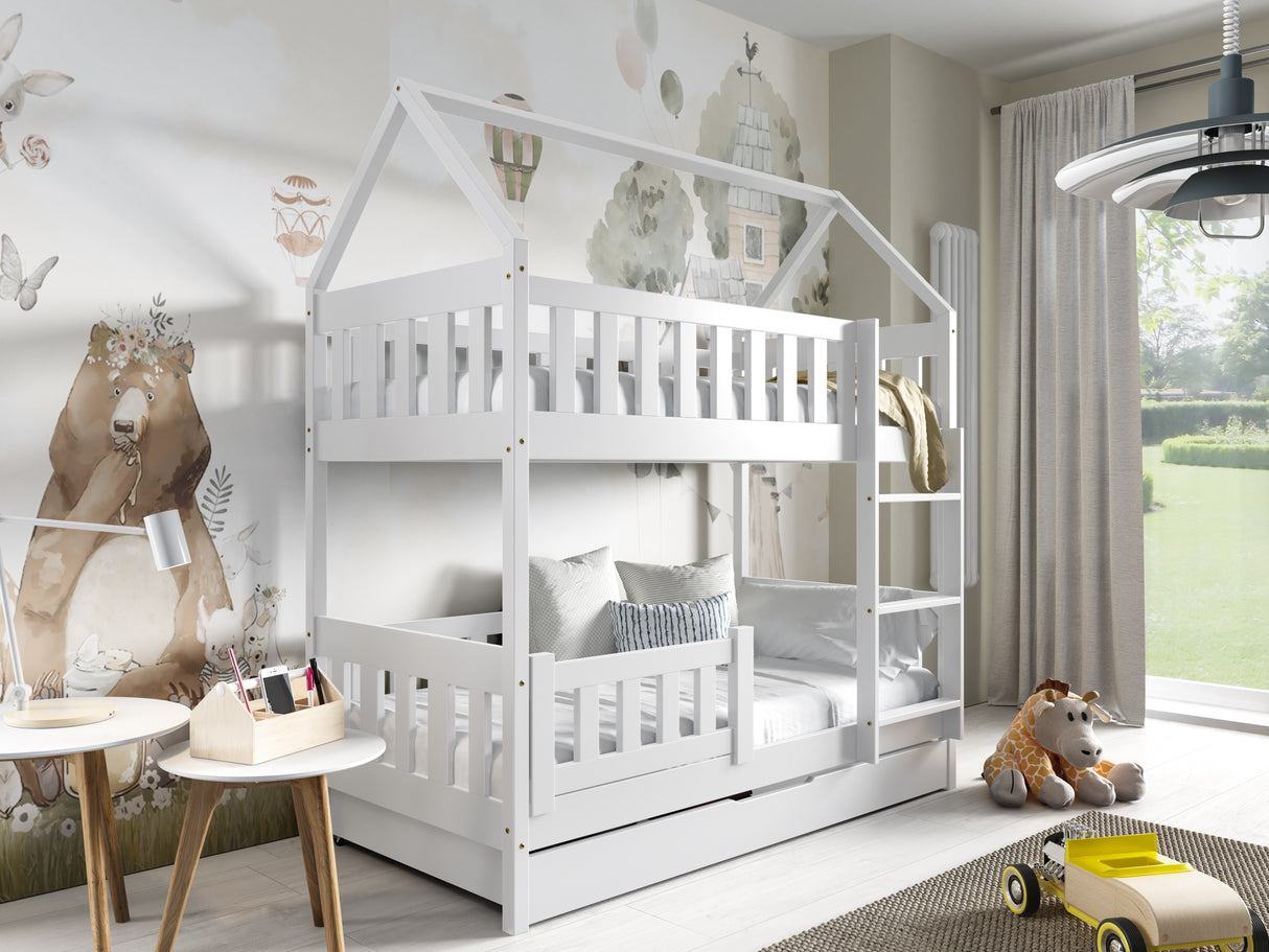 HOUSE SHAPE SOLID PINE BUNK BED BELLA WHITE 168x86cm WITH DRAW AND MATTRESSThe bed is made entirely of FSC-certified pine wood, covered with three layers of varnish safe for children. Removable safety barrier will protect the smallest children from fallin