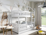 HOUSE SHAPE SOLID PINE BUNK BED BELLA WHITE 168x86cm WITH DRAW AND MATTRESSThe bed is made entirely of FSC-certified pine wood, covered with three layers of varnish safe for children. Removable safety barrier will protect the smallest children from fallin