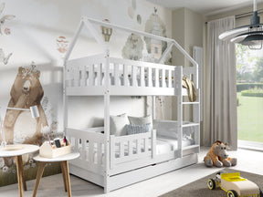 HOUSE SHAPE SOLID PINE BUNK BED BELLA WHITE 168x86cm WITH DRAW AND MATTRESSThe bed is made entirely of FSC-certified pine wood, covered with three layers of varnish safe for children. Removable safety barrier will protect the smallest children from fallin