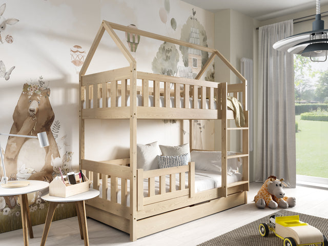 HOUSE SHAPE SOLID PINE BUNK BED BELLA 168x86cm WITH DRAW AND MATTRESSThe bed is made entirely of FSC-certified pine wood, covered with three layers of varnish safe for children. Removable safety barrier will protect the smallest children from falling! Com