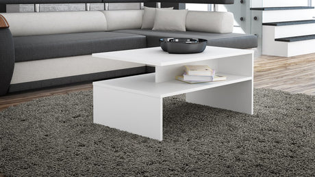 COFFEE TABLE BOSSY WHITE 90X60CMDIMENSIONS: Height: 45 cm Width: 90 cm Depth: 60 cm Table top: 60 x 90 cmTabletop thickness: 16 mmUsage:The surface of the furniture should be cleaned with a soft cloth. Avoid using harsh chemicals.In the package:Assembly i