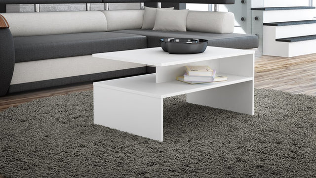 COFFEE TABLE BOSSY WHITE 90X60CMDIMENSIONS: Height: 45 cm Width: 90 cm Depth: 60 cm Table top: 60 x 90 cmTabletop thickness: 16 mmUsage:The surface of the furniture should be cleaned with a soft cloth. Avoid using harsh chemicals.In the package:Assembly i