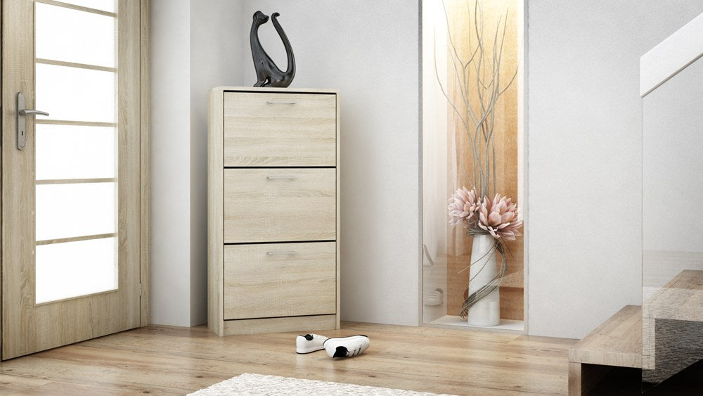 PAULA SHOE CABINET - SONOMA 116CM X 60CMMATERIAL: Body and fronts - 16mm laminated chipboard.Edges - finished with ABS plastic (characterized by high mechanical and chemical resistance)Drawers - on roller guides, it is a guarantee of comfortable and, abov