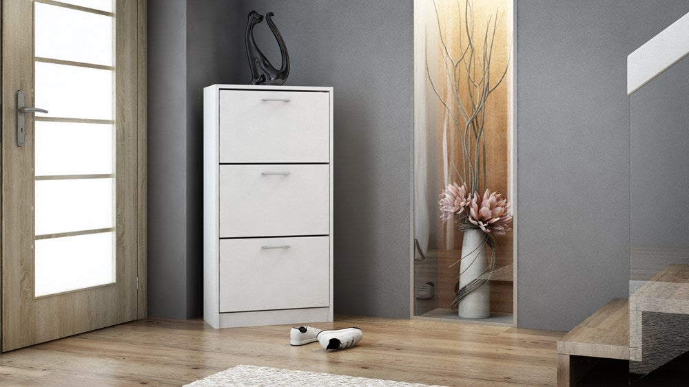 PAULA SHOE CABINET - WHITE 116CM X 60CMMATERIAL: Body and fronts - 16mm laminated chipboard.Edges - finished with ABS plastic (characterized by high mechanical and chemical resistance)Drawers - on roller guides, it is a guarantee of comfortable and, above