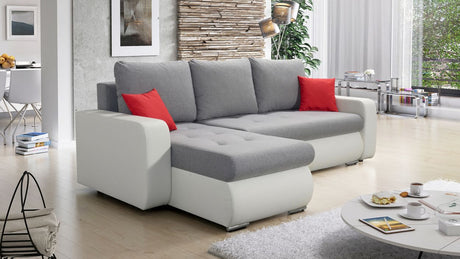 CORNER SOFA BED DAVY CHOICE OF COLOR 238CM / SPRINGS + FOAMTHIS MODEL IS UNIVERSAL WHICH MEANS YOU CAN CHOOSE CORNER SIDE DURING ASSEMBLY BOTTOM FAUX LEATHER 3x PILLOWS INCLUDED1X STORAGE SPACECHROME LEGSWAVY SPRINGS + FOAMDimensions: - width 236 cm - dep