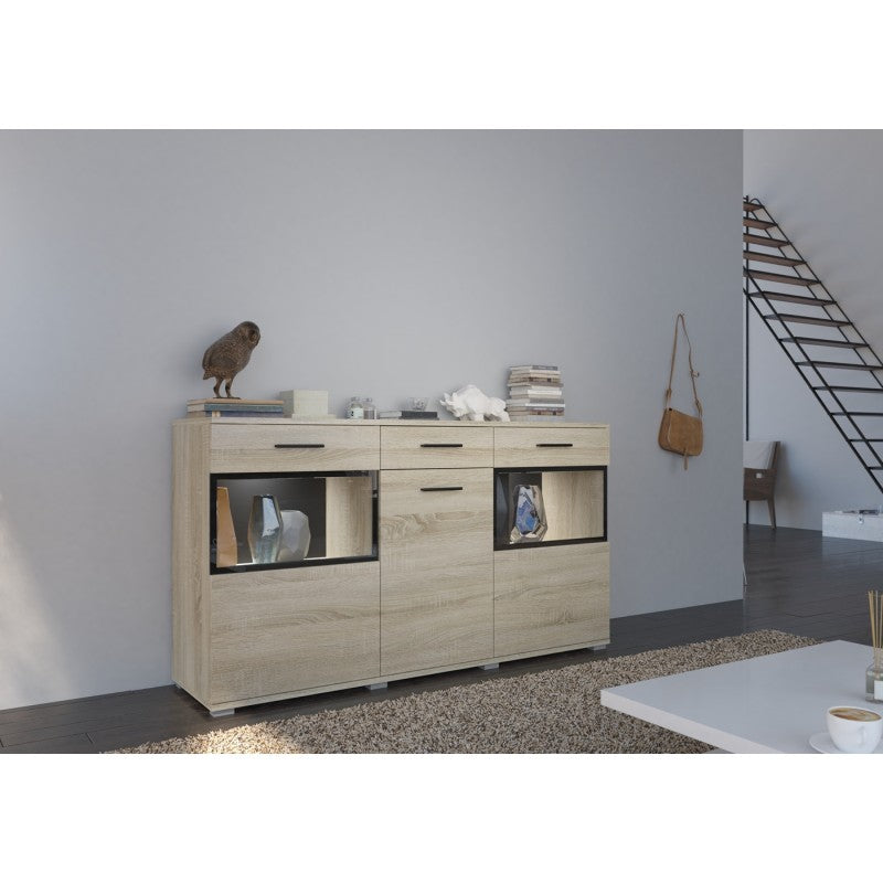SIDEBOARD MAXI SONOMA 154CMChest of drawers dimensions: 1540 x 858 x 402mm (W x H x D)Number of packages: 2Front:- 15mm white laminated board- melamine rim- glass with a black print- handle: 128mm plasticBody:- 15mm white laminated board- melamine rimBack