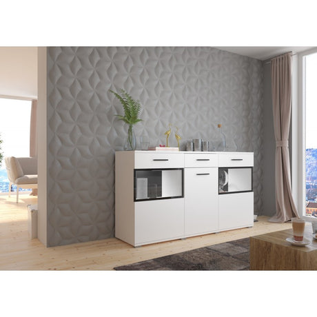 SIDEBOARD MAXI WHITE 154CMChest of drawers dimensions: 1540 x 858 x 402mm (W x H x D)Number of packages: 2Front:- 15mm white laminated board- melamine rim- glass with a black print- handle: 128mm plasticBody:- 15mm white laminated board- melamine rimBack