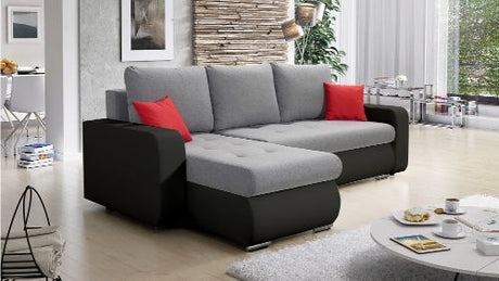 CORNER SOFA BED DAVY CHOICE OF COLOR 238CM / SPRINGS + FOAMTHIS MODEL IS UNIVERSAL WHICH MEANS YOU CAN CHOOSE CORNER SIDE DURING ASSEMBLY BOTTOM FAUX LEATHER 3x PILLOWS INCLUDED1X STORAGE SPACECHROME LEGSWAVY SPRINGS + FOAMDimensions: - width 236 cm - dep