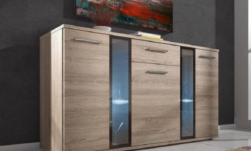 SIDEBOARD SALSA SONOMA LED LIGHTS OPTIONAL 140CMDimensions: 1404 x 800 x 402mm (W x H x D)Number of packages: 2Front:- 15mm white laminated board- melamine rim- glass with a black print- handle: 128mm plasticBody:- 15mm white laminated board- melamine rim