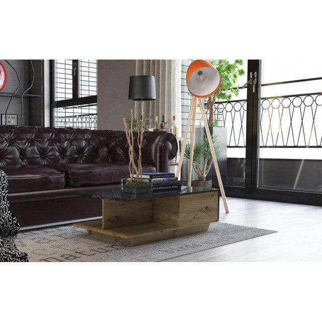 COFFEE TABLE DENVER BLACK GLOSS TOP & FRONT DRAW / OAK ARTISANAn ideal proposition for people who appreciate having beautiful furniture in their apartment. A modern piece of furniture in the color of artisan oak, will meet the expectations of all who valu