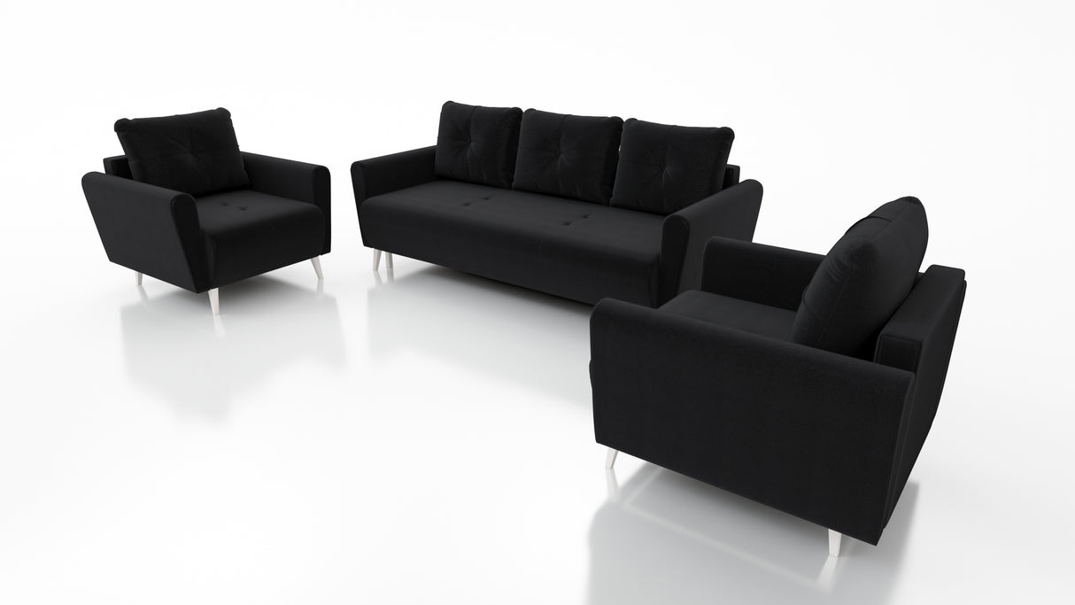 MONE 3+1+1 SOFA AND 2 ARMCHAIRS EASY CLEAN FABRIC / BONELL SPRINGS + FOAMSofa dimensions: sleeping area 135/191 cm width 221 cm depth 96 cm height to the seat 44 cm height of the legs 13 cmChair dimensions: width 90 cm seat width 60 cm height to the seat