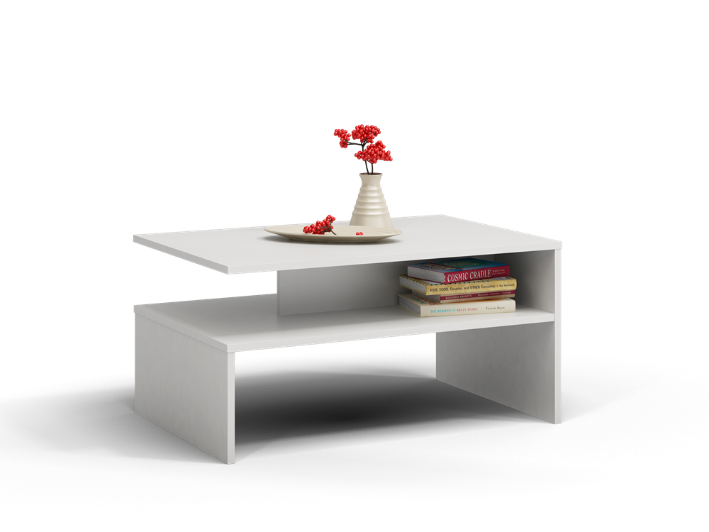 COFFEE TABLE BOSSY WHITE 90X60CMDIMENSIONS: Height: 45 cm Width: 90 cm Depth: 60 cm Table top: 60 x 90 cmTabletop thickness: 16 mmUsage:The surface of the furniture should be cleaned with a soft cloth. Avoid using harsh chemicals.In the package:Assembly i