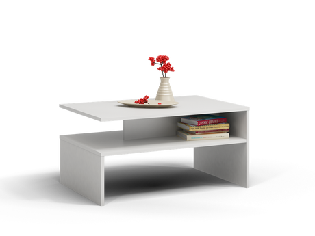 COFFEE TABLE BOSSY WHITE 90X60CMDIMENSIONS: Height: 45 cm Width: 90 cm Depth: 60 cm Table top: 60 x 90 cmTabletop thickness: 16 mmUsage:The surface of the furniture should be cleaned with a soft cloth. Avoid using harsh chemicals.In the package:Assembly i