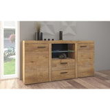 SIDEBOARD ROMA LEFKAS 156CMDimensions: 1564 x 820 x 403mm (W x H x D)Number of packages: 2Front :- laminated board 15mm Lefkas Oak- melamine edging- handle: 128mm plasticBody:- laminated board 15mm Lefkas Oak- melamine edging- MDF strip 18mm / 16mmBack wa