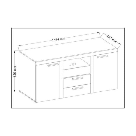 SIDEBOARD ROMA LEFKAS 156CMDimensions: 1564 x 820 x 403mm (W x H x D)Number of packages: 2Front :- laminated board 15mm Lefkas Oak- melamine edging- handle: 128mm plasticBody:- laminated board 15mm Lefkas Oak- melamine edging- MDF strip 18mm / 16mmBack wa