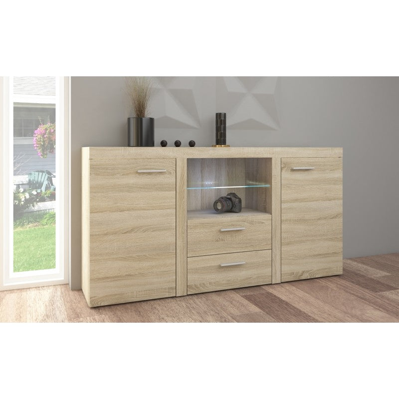 SIDEBOARD ROMA SONOMA 156CMDimensions: 1564 x 820 x 403mm (W x H x D)Number of packages: 2Front :- laminated board 15mm Lefkas Oak- melamine edging- handle: 128mm plasticBody:- laminated board 15mm Lefkas Oak- melamine edging- MDF strip 18mm / 16mmBack wa