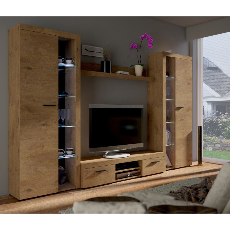 TV WALL UNIT ROMA XL LEFKASDimensions: 3000 x 1900 x 402mm (W x H x D)Number of packages: 4Front:- 15mm white laminated board- melamine rim- handle: 128mm plasticBody:- 15mm white laminated board- melamine rim- 18mm / 16mm MDF stripBack wall :- Black HDF