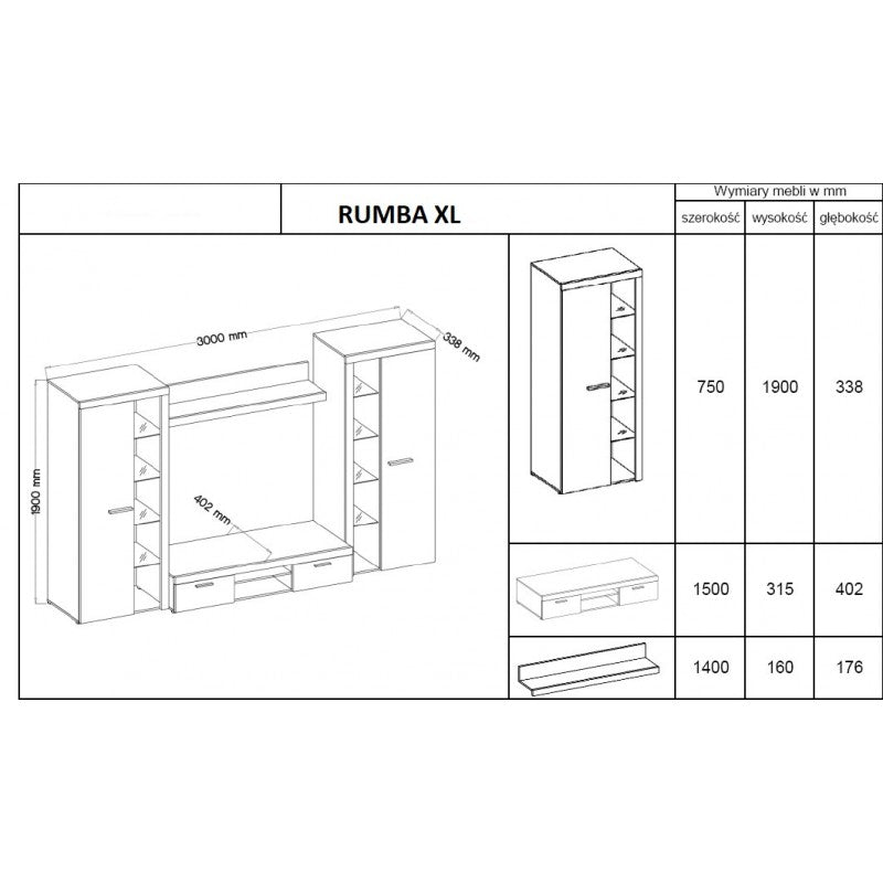 TV WALL UNIT ROMA XL LEFKASDimensions: 3000 x 1900 x 402mm (W x H x D)Number of packages: 4Front:- 15mm white laminated board- melamine rim- handle: 128mm plasticBody:- 15mm white laminated board- melamine rim- 18mm / 16mm MDF stripBack wall :- Black HDF