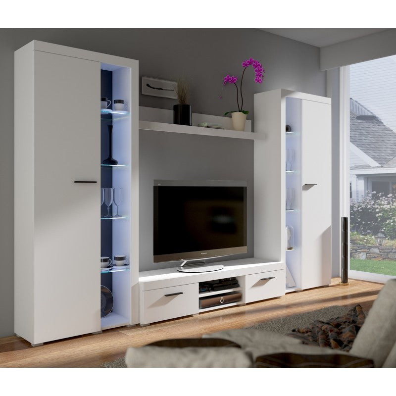 TV WALL UNIT ROMA XL WHITEDimensions: 3000 x 1900 x 402mm (W x H x D)Number of packages: 4Front:- 15mm white laminated board- melamine rim- handle: 128mm plasticBody:- 15mm white laminated board- melamine rim- 18mm / 16mm MDF stripBack wall :- Black HDF b
