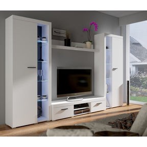 TV WALL UNIT ROMA XL WHITEDimensions: 3000 x 1900 x 402mm (W x H x D)Number of packages: 4Front:- 15mm white laminated board- melamine rim- handle: 128mm plasticBody:- 15mm white laminated board- melamine rim- 18mm / 16mm MDF stripBack wall :- Black HDF b
