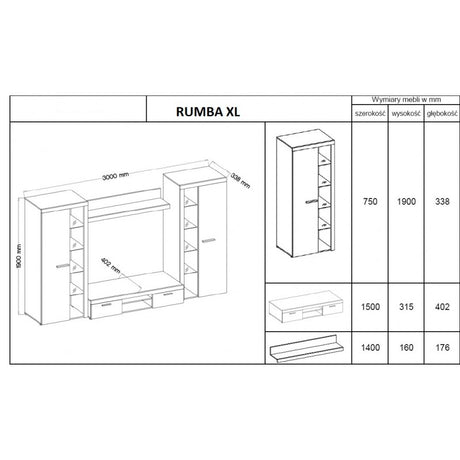 TV WALL UNIT ROMA XL WHITEDimensions: 3000 x 1900 x 402mm (W x H x D)Number of packages: 4Front:- 15mm white laminated board- melamine rim- handle: 128mm plasticBody:- 15mm white laminated board- melamine rim- 18mm / 16mm MDF stripBack wall :- Black HDF b