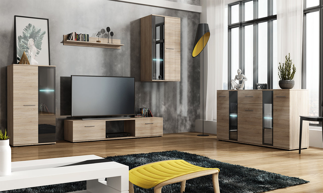 TV WALL UNIT SALSA SET WITH SIDEBOARD SONOMAFlat packed for self-assembly with a clear and easy instructions. Modern design makes it suitable for any interior.CUPBOARD: Dimensions: width 140 cm height 80 cm depth. 40 cm EXTRAS FOR BOTH WALL UNIT AND SIDEB
