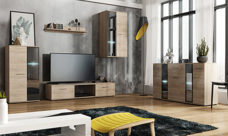 TV WALL UNIT SALSA SET WITH SIDEBOARD SONOMAFlat packed for self-assembly with a clear and easy instructions. Modern design makes it suitable for any interior.CUPBOARD: Dimensions: width 140 cm height 80 cm depth. 40 cm EXTRAS FOR BOTH WALL UNIT AND SIDEB