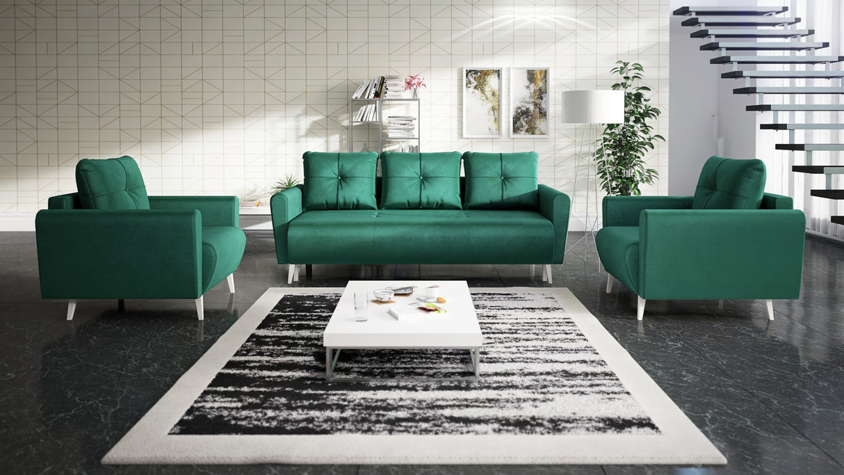 MONE 3+1+1 SOFA AND 2 ARMCHAIRS EASY CLEAN FABRIC / BONELL SPRINGS + FOAMSofa dimensions: sleeping area 135/191 cm width 221 cm depth 96 cm height to the seat 44 cm height of the legs 13 cmChair dimensions: width 90 cm seat width 60 cm height to the seat