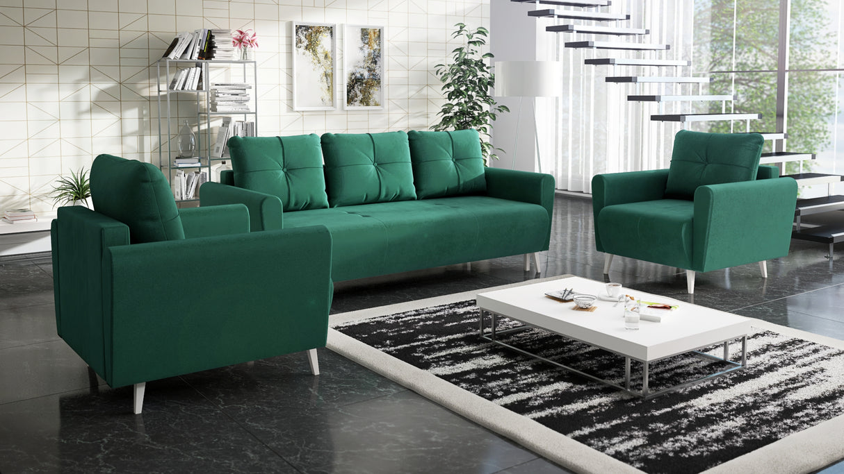 MONE 3+1+1 SOFA AND 2 ARMCHAIRS EASY CLEAN FABRIC / BONELL SPRINGS + FOAMSofa dimensions: sleeping area 135/191 cm width 221 cm depth 96 cm height to the seat 44 cm height of the legs 13 cmChair dimensions: width 90 cm seat width 60 cm height to the seat