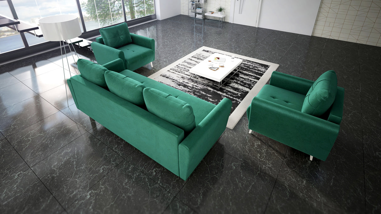 MONE 3+1+1 SOFA AND 2 ARMCHAIRS EASY CLEAN FABRIC / BONELL SPRINGS + FOAMSofa dimensions: sleeping area 135/191 cm width 221 cm depth 96 cm height to the seat 44 cm height of the legs 13 cmChair dimensions: width 90 cm seat width 60 cm height to the seat