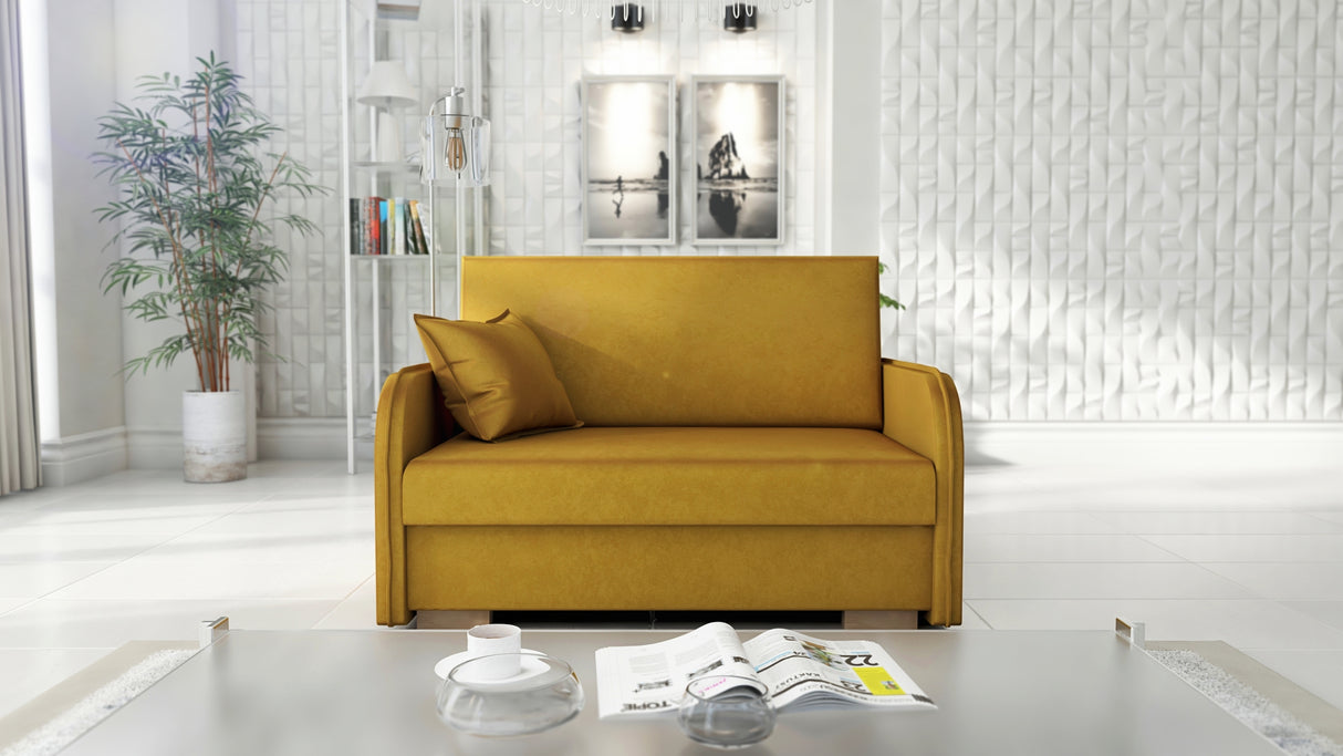 2 SEATER SOFA BED GOLDY 124CM EASY CLEAN FABRIC / SPRINGS + FOAMDimensions : width 124 cm height to the seat 38 cm side height 60 cm depth 100 cm seat depth 65 cm over sleeping 113/195 cm(no possibility to change dimensions) +/- 3BERLIN FABRIC CLICK HEREJ