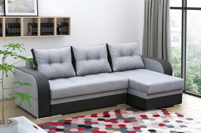 CORNER SOFA BED SAM GREY /BLACK 236CM 2X STORAGE SPACE universal RIGHT/LEFT CORNER / BONELL SPRINGS + FOAMTHIS MODEL IS UNIVERSAL WHICH MEANS YOU CAN CHOOSE CORNER SIDE DURING ASSEMBLY3x PILLOWS INCLUDED2X STORAGE SPACE BONELL SPRINGS + FOAM - length: 236