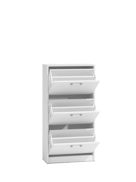 PAULA SHOE CABINET - WHITE 116CM X 60CMMATERIAL: Body and fronts - 16mm laminated chipboard.Edges - finished with ABS plastic (characterized by high mechanical and chemical resistance)Drawers - on roller guides, it is a guarantee of comfortable and, above