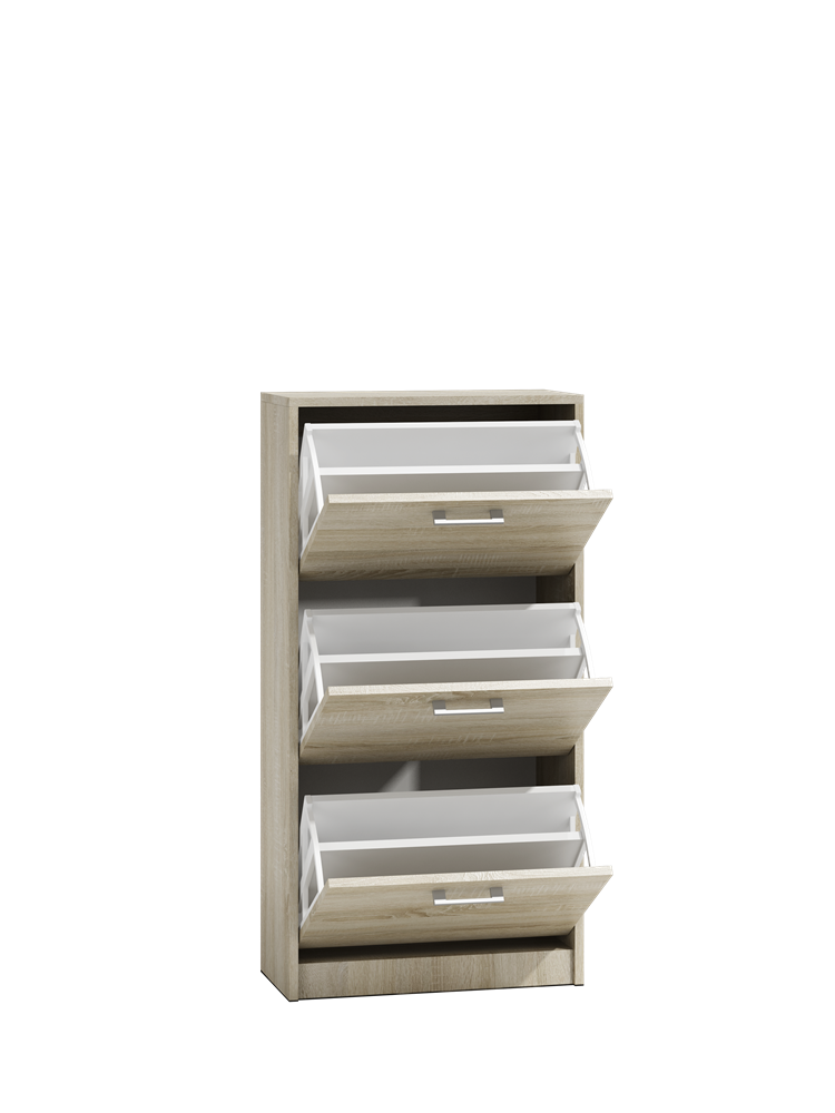 PAULA SHOE CABINET - SONOMA 116CM X 60CMMATERIAL: Body and fronts - 16mm laminated chipboard.Edges - finished with ABS plastic (characterized by high mechanical and chemical resistance)Drawers - on roller guides, it is a guarantee of comfortable and, abov