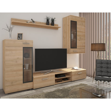 TV WALL UNIT TANGO SONOMADimensions: 2350 x 1850 x 402mm (W x H x D)Number of packages: 2Front:- 15mm laminated board White / Sonoma Oak- 1mm ABS rim- glass with a black print- handle: 128mm plasticBody:- 15mm laminated board White / Sonoma Oak- melamine