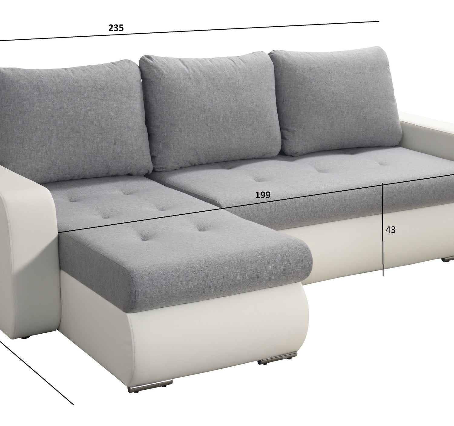CORNER SOFA BED DAVY CHOICE OF COLOR 238CM / SPRINGS + FOAMTHIS MODEL IS UNIVERSAL WHICH MEANS YOU CAN CHOOSE CORNER SIDE DURING ASSEMBLY BOTTOM FAUX LEATHER 3x PILLOWS INCLUDED1X STORAGE SPACECHROME LEGSWAVY SPRINGS + FOAMDimensions: - width 236 cm - dep