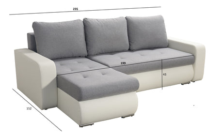 CORNER SOFA BED DAVY CHOICE OF COLOR 238CM / SPRINGS + FOAMTHIS MODEL IS UNIVERSAL WHICH MEANS YOU CAN CHOOSE CORNER SIDE DURING ASSEMBLY BOTTOM FAUX LEATHER 3x PILLOWS INCLUDED1X STORAGE SPACECHROME LEGSWAVY SPRINGS + FOAMDimensions: - width 236 cm - dep