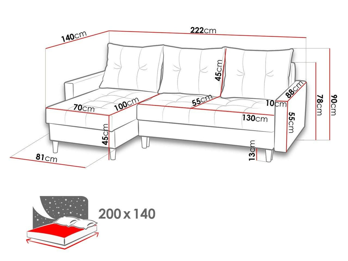CORNER SOFA BED BRIAN 2X STORAGE SPACE MALMO 41 222x140cm universal RIGHT/LEFT CORNER / BONELL SPINGS + FOAMTHIS MODEL IS UNIVERSAL WHICH MEANS YOU CAN CHOOSE CORNER SIDE DURING ASSEMBLYMADE IN MALMO FABRIC CLICK HERE3x PILLOWS INCLUDED2X STORAGE SPACEWOO